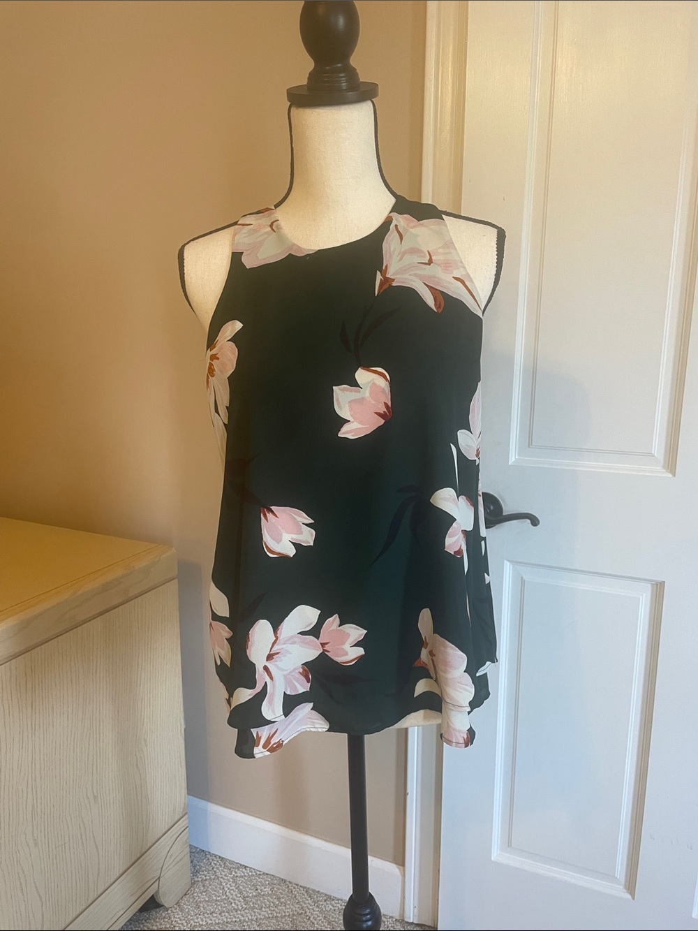 Ann Taylor Black Floral Halter Camisole with Pink Blooms